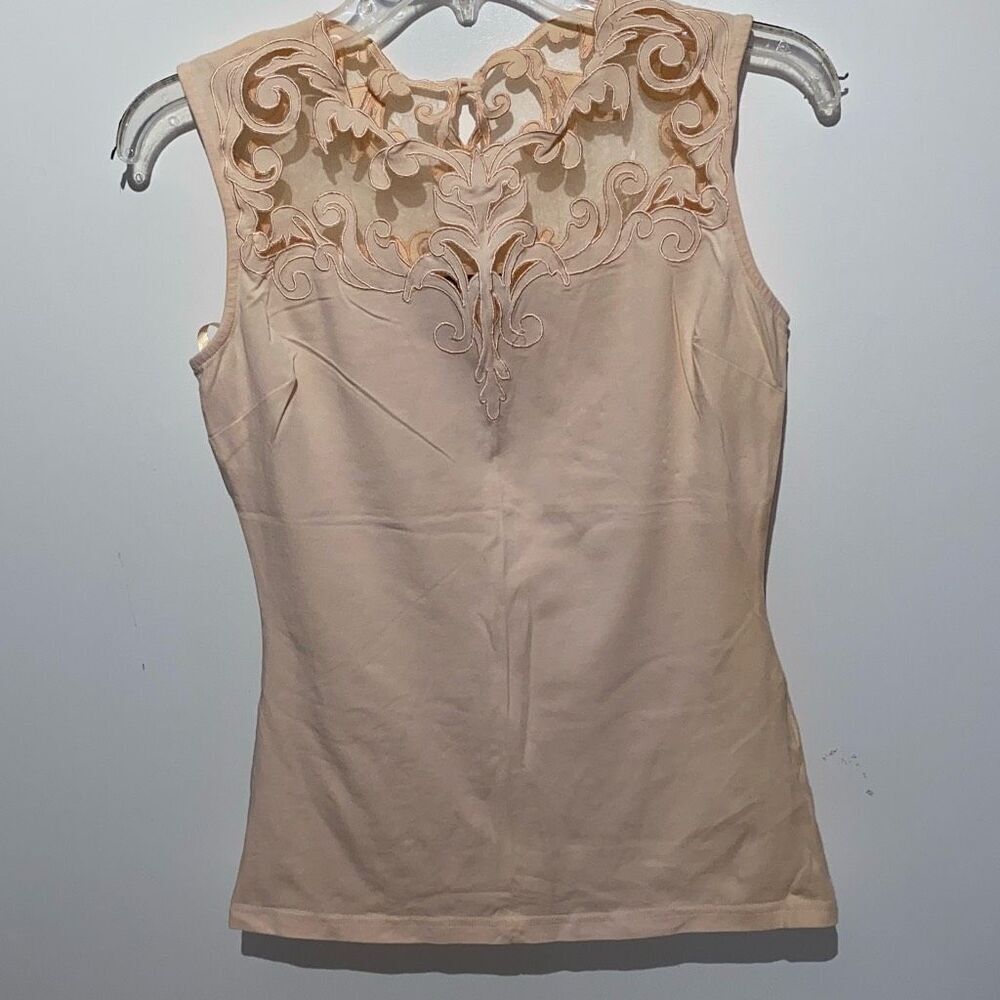 Venus Womens XS Nude Beige Embroidered Mesh Scrollwork Sleeveless Tank Top Shell